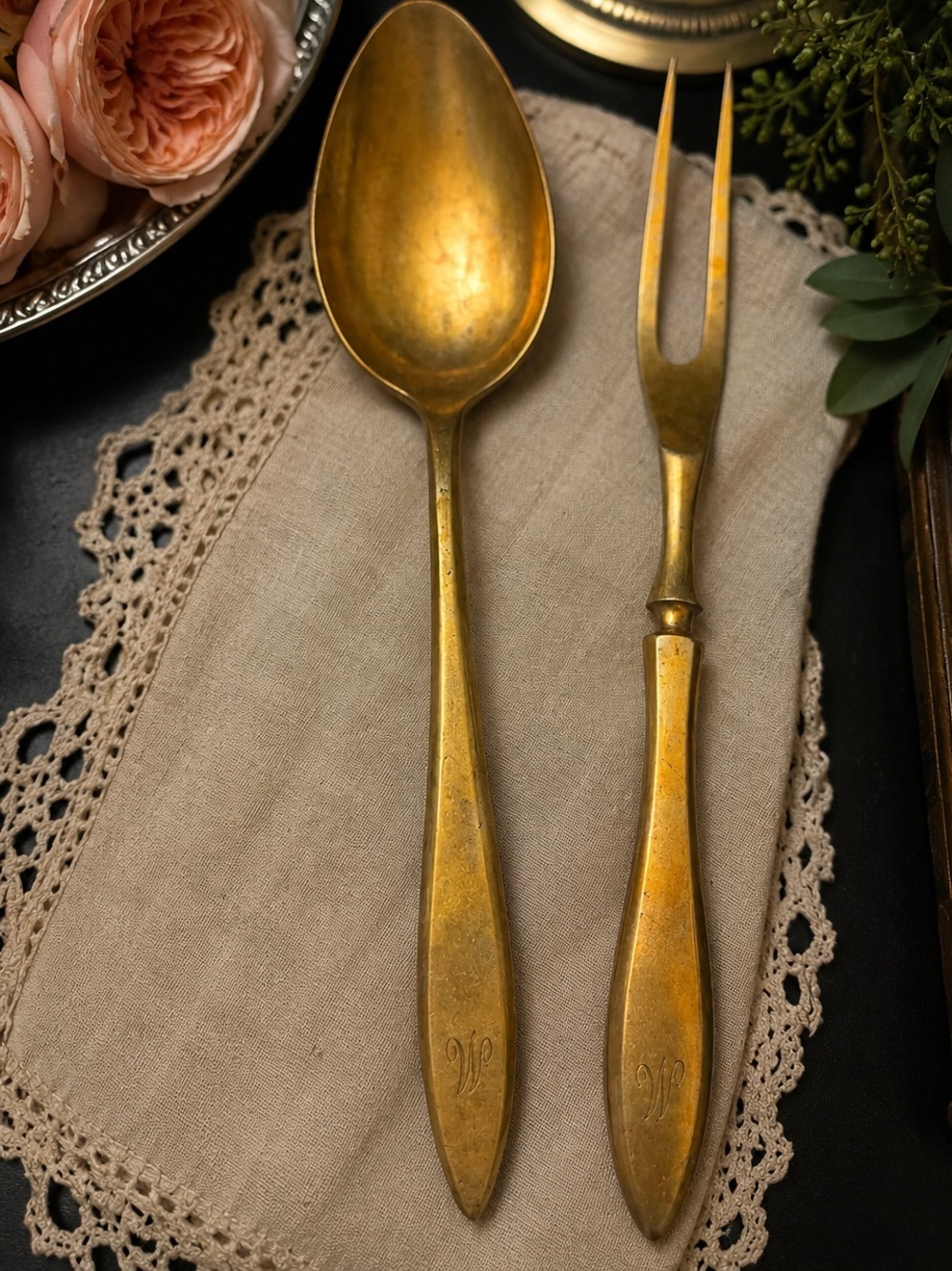 Vintage Dirilyte Gold Serving Set Spoon & Fork MCM Old Money Ralph Lauren Table